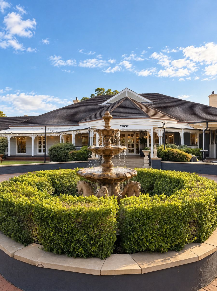 voco Kirkton Park Hunter Valley, tiered fountain inside a circular clipped hedge in front of the manor house entrance and its verandah