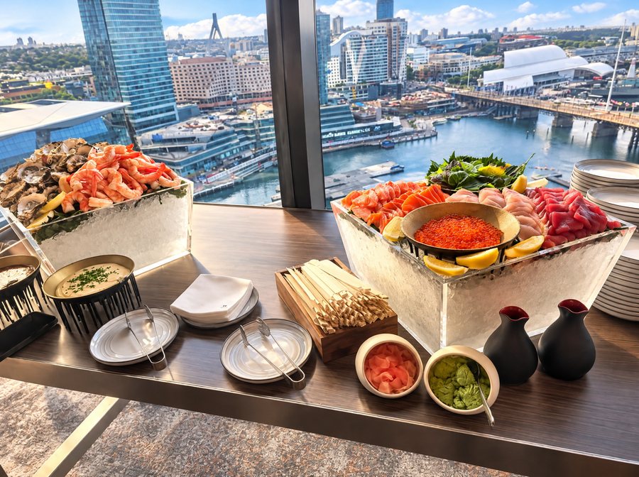 W Sydney, seafood buffet on ice at a floor to ceiling window above Darling Harbour